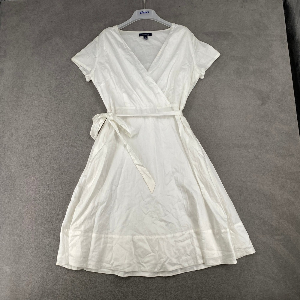Lands End Womens White Cotton Linen Wrap Dress Short Sleeve Pockets Size 6